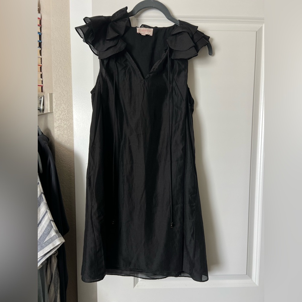 Black Ruffle Shoulder Sleeveless Dress